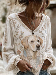 Women's Art Dog Printed Cotton-Linen Shirt