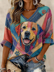 Women's Art Dog Printed Mid-length Sleeves V-Neck T-Shirt