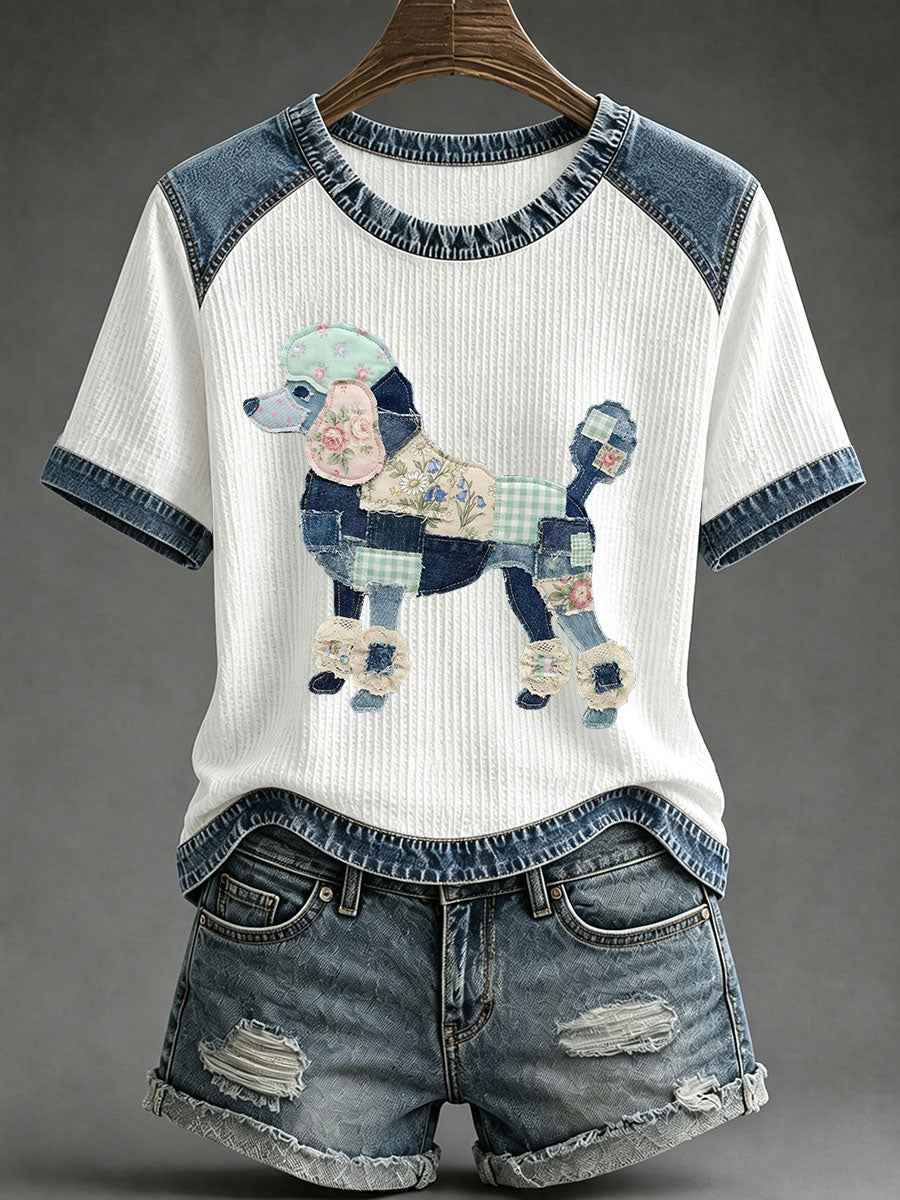 Women's Floral Plaid Denim Dog Art Waffle Print Casual T-Shirt