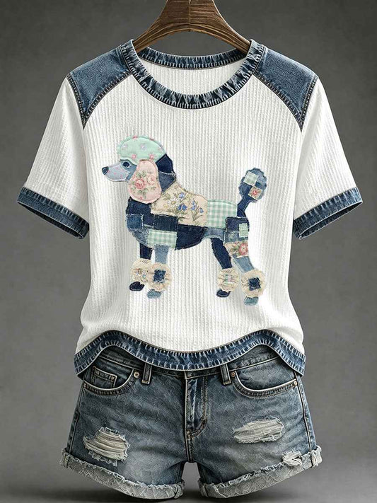 Women's Floral Plaid Denim Dog Art Waffle Print Casual T-Shirt