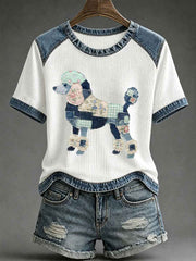 Women's Floral Plaid Denim Dog Art Waffle Print Casual T-Shirt