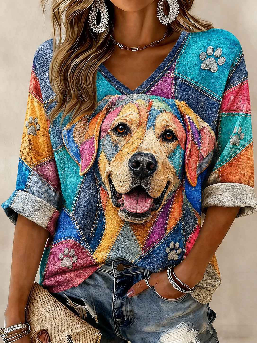 Women's Art Dog Printed Mid-length Sleeves V-Neck T-Shirt