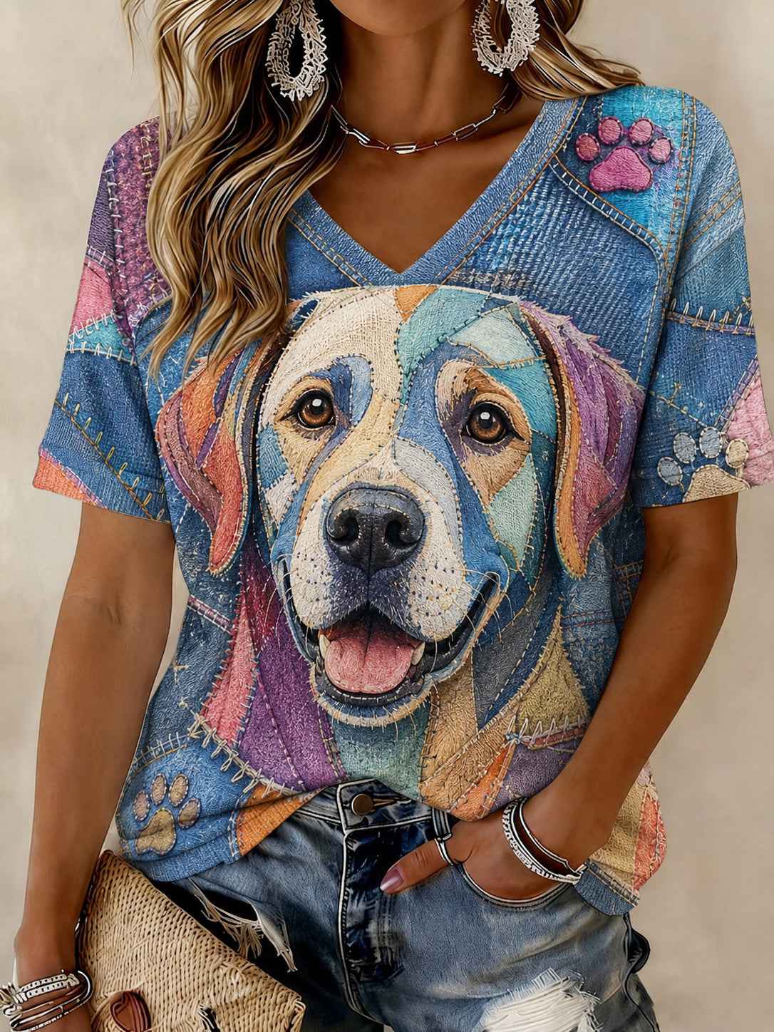 Women's Art Dog Printed V-neck T-shirt