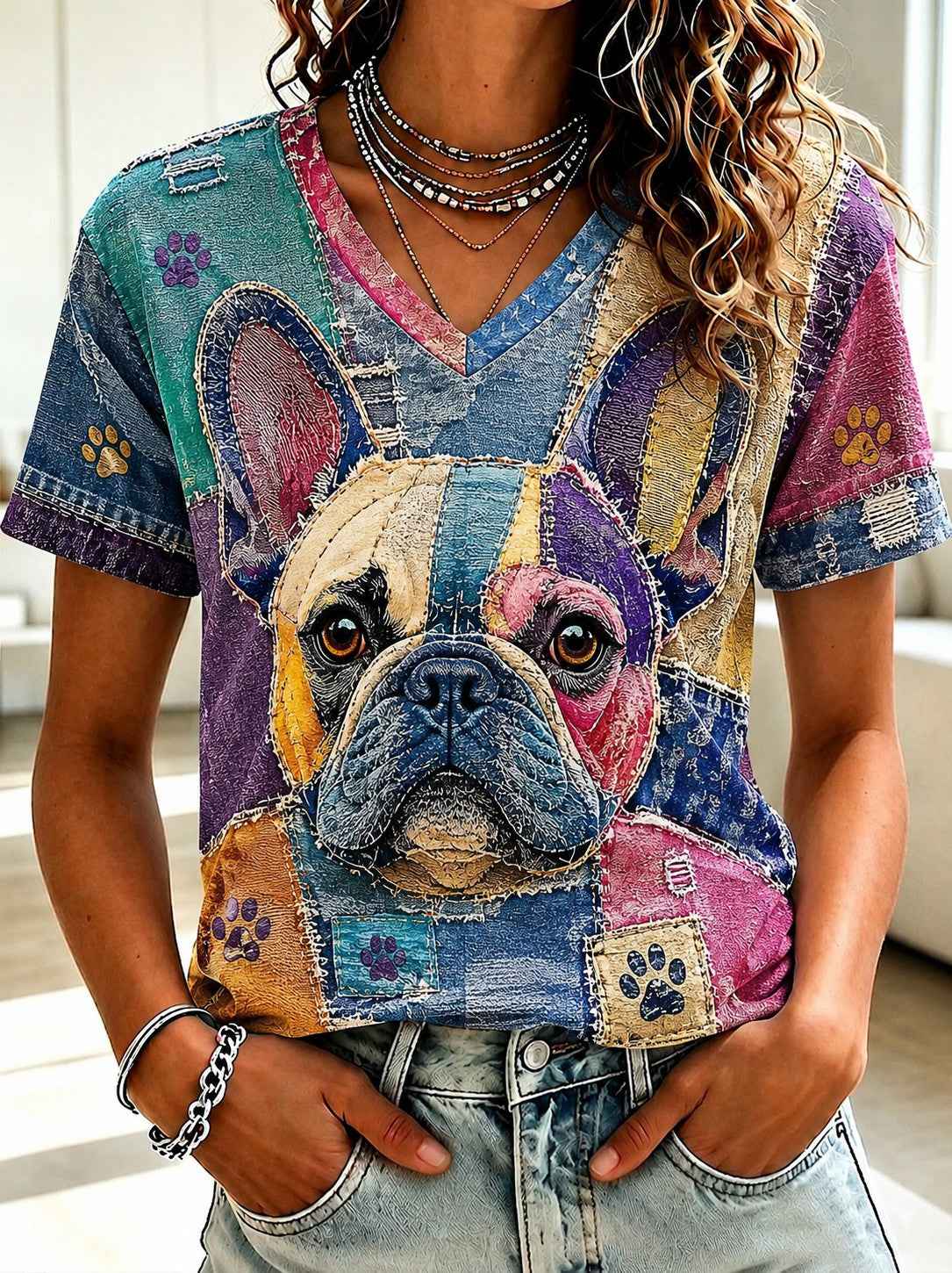 Women's Art Dog Printed V-neck T-shirt