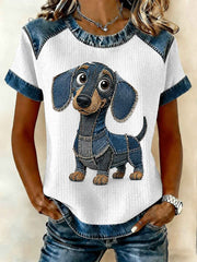 Women's Denim Patchwork Dog Print Waffle Casual Tee