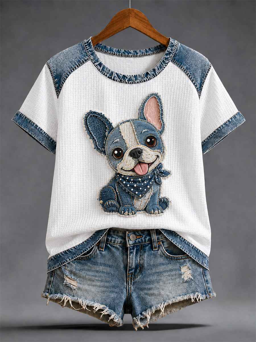 Women's Denim Patchwork Dog Print Waffle Casual Tee