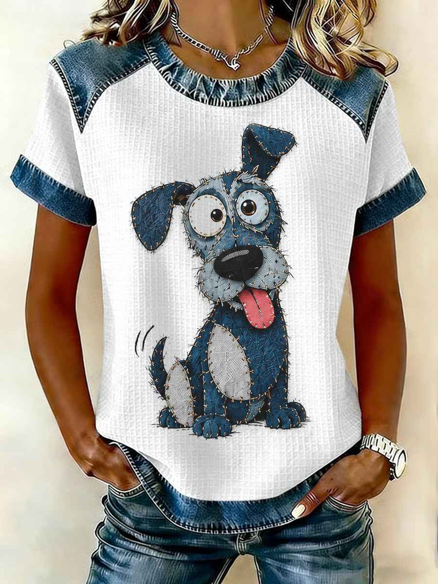 Women's Denim Patchwork Dog Print Waffle Casual Tee