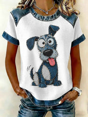 Women's Denim Patchwork Dog Print Waffle Casual Tee