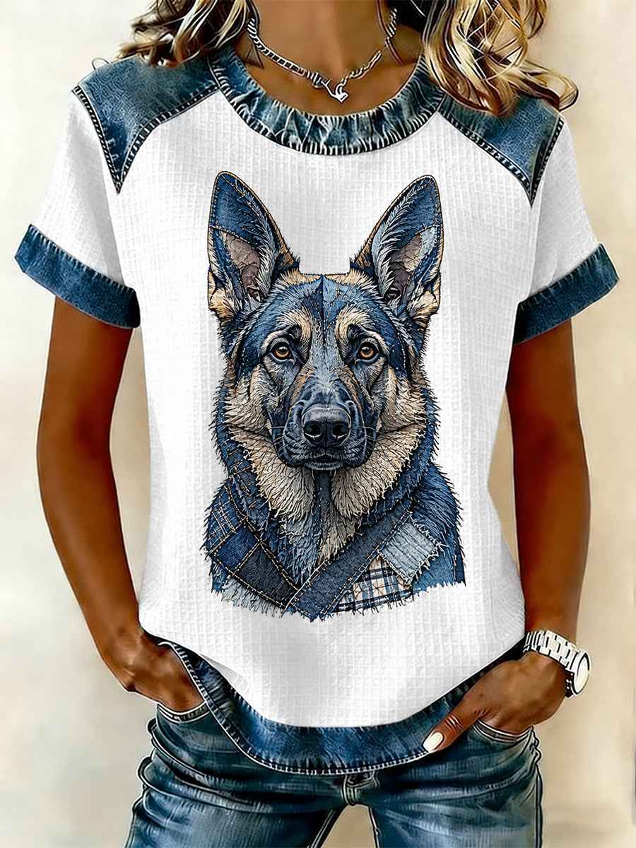 Women's Denim Patchwork Dog Print Waffle Casual Tee