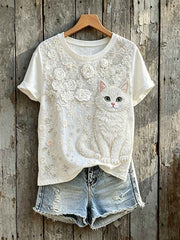 Women's Classy White Cat Art Floral Print Short-sleeved T-shirt