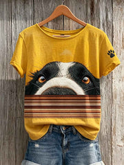 Women's Peeking Dog & Paw Print Striped Print short-sleeved T-shirt