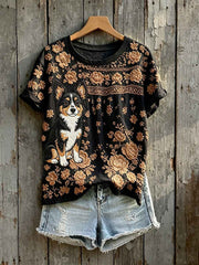 Women's Cute Chihuahua Art Floral Print Short-sleeved T-shirt
