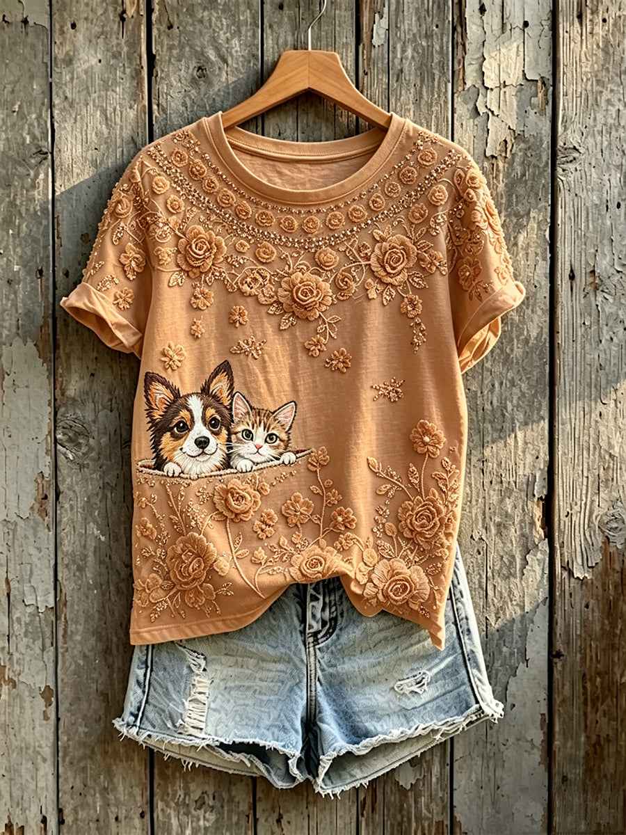 Women's Cute Dog & Cat Peeking Art Floral Print Short-sleeved T-shirt