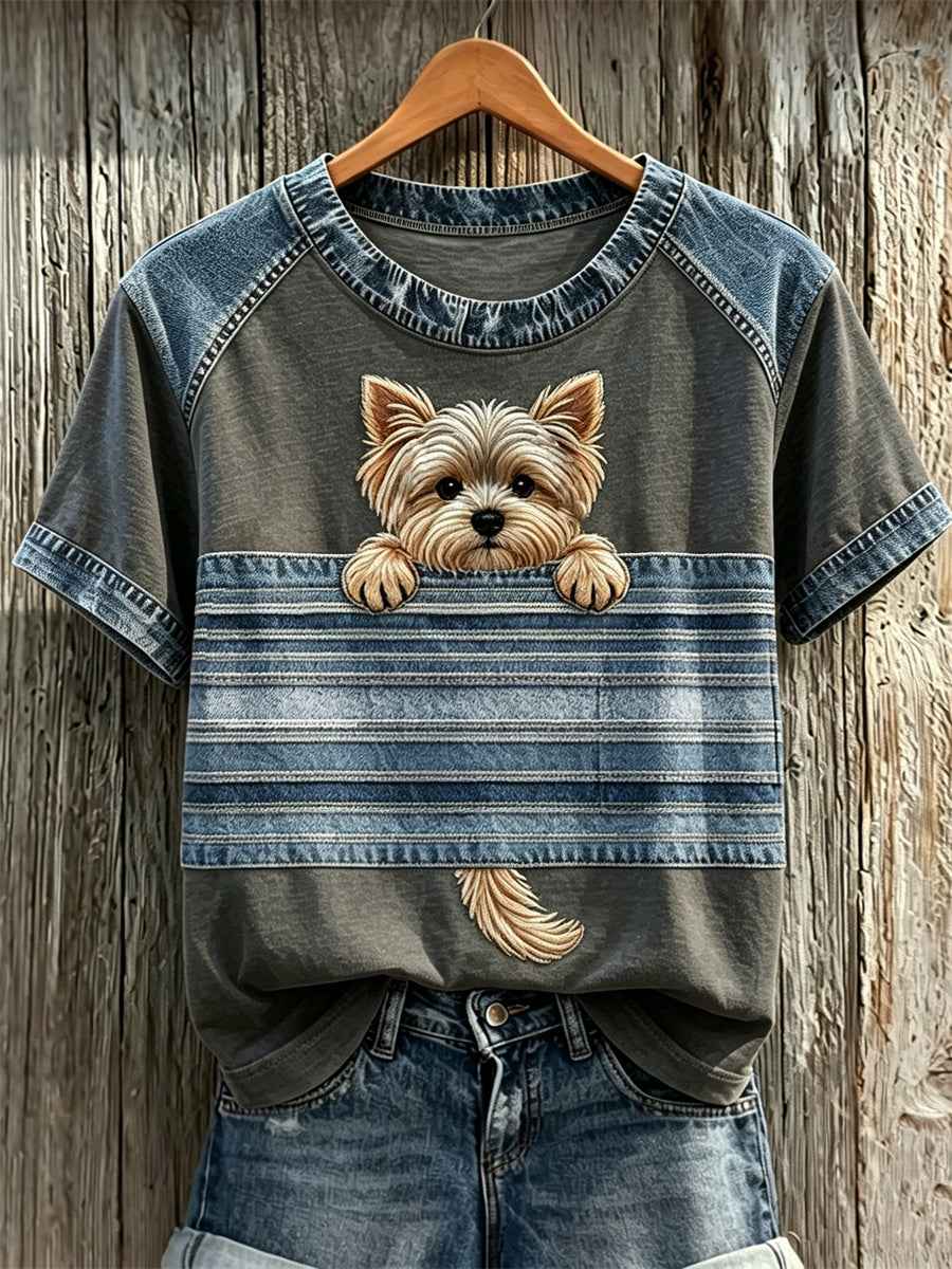 Women's Peeking Yorkshire Terrier Dog Denim Patchwork Print T-shirts