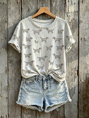 Women's Cute Line Dogs Art Pattern Print Short-sleeved T-shirt