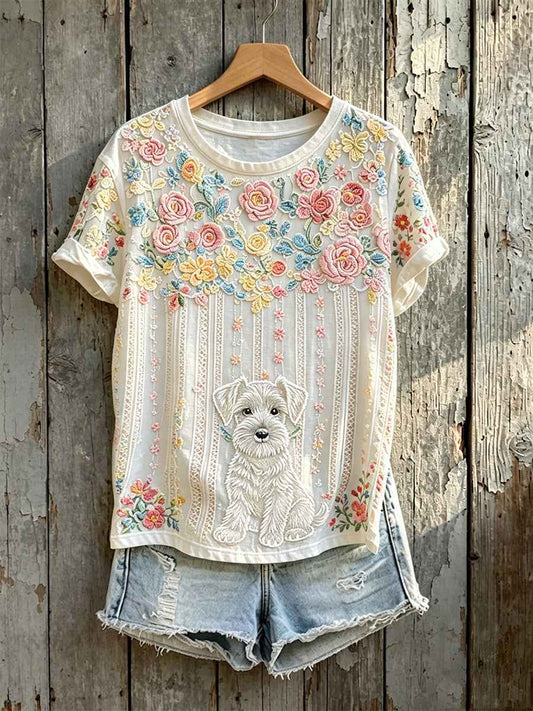 Women's Colorful Floral Art Cute Dog Print Short-sleeved T-shirt