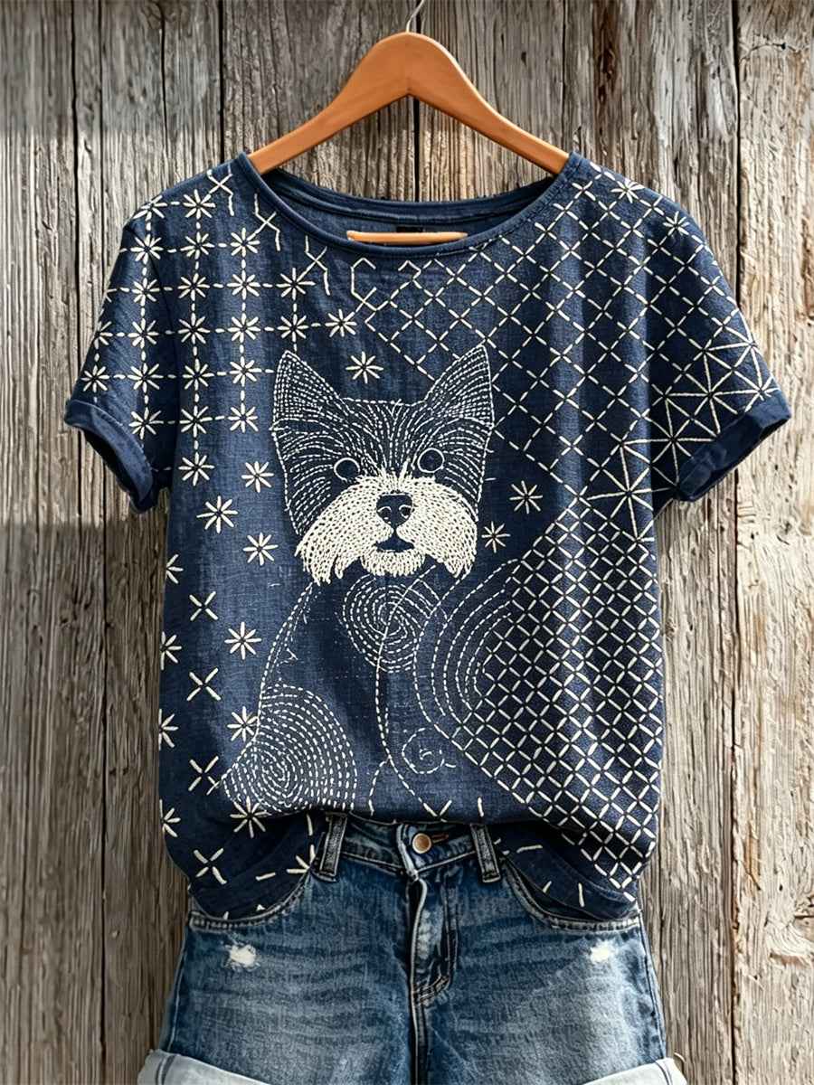Women's YorkshireTerrier Dog Japanese Sashiko Art Print linen short-sleeved T-shirt