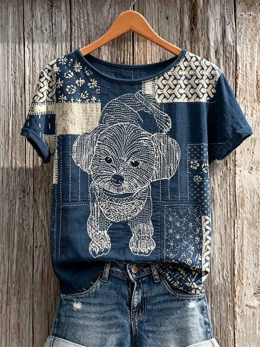 Women's Fuzzy Maltese Dog Japanese Sashiko Art Print linen short-sleeved T-shirt