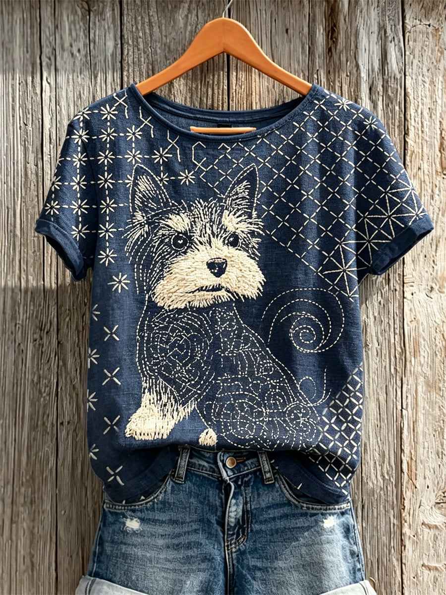 Women's YorkshireTerrier Dog Japanese Sashiko Art Print linen short-sleeved T-shirt