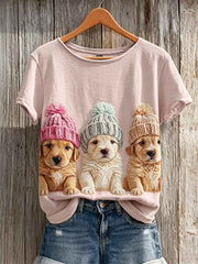 Women's Golden Retriever Puppy Dogs with Knit Hats Print short-sleeved T-shirt