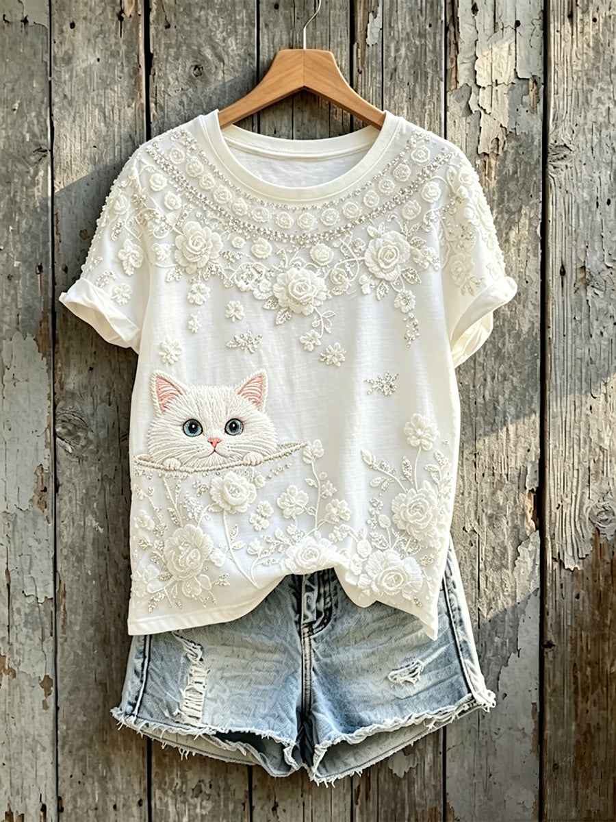 Women's Cute Cat Peeking Art Floral Print Short-sleeved T-shirt
