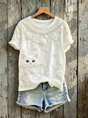 Women's Cute Cat Peeking Art Floral Print Short-sleeved T-shirt