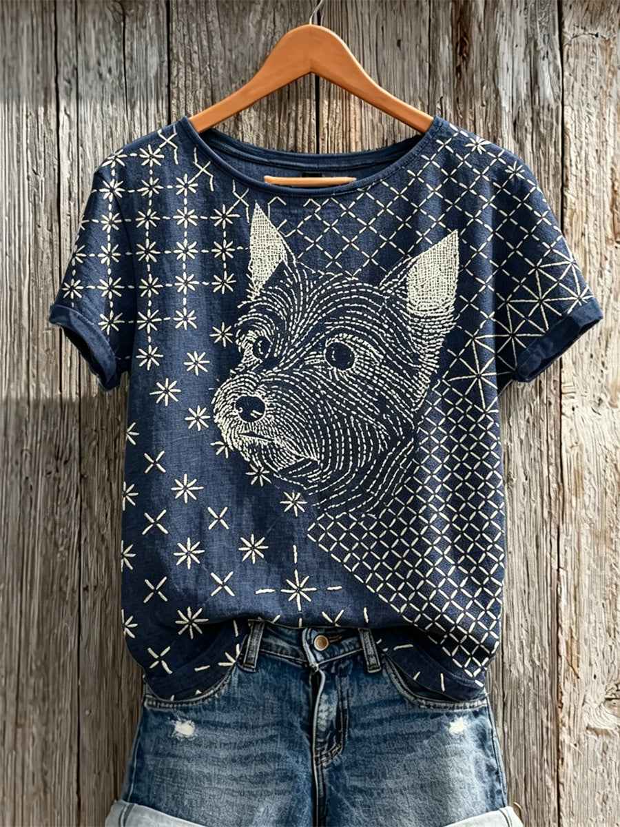 Women's YorkshireTerrier Dog Japanese Sashiko Art Print linen short-sleeved T-shirt