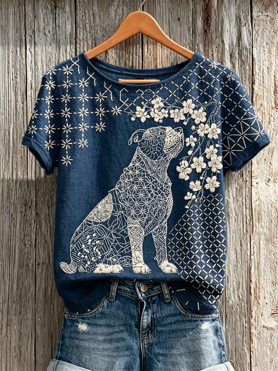 Women's Bulldog & Cherry Blossom Japanese Sashiko Art Print linen short-sleeved T-shirt