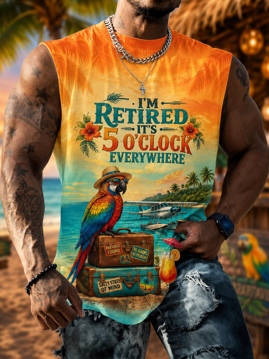 Men's I'm Retired It's 5 O'clock Everywhere Parrot Print Casual Vest gracestitchs