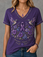 Women's Purple Floral & Hummingbird Print Alzheimer's Awareness Support V-Neck Tee gracestitchs