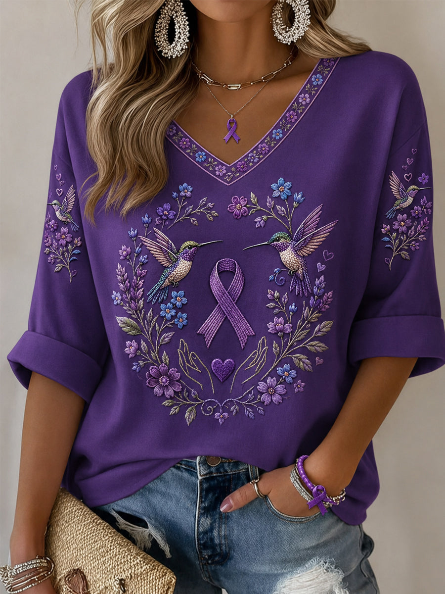 Women's Purple Floral & Hummingbird Print Alzheimer's Awareness Support Half-Sleeves V-Neck T-Shirt gracestitchs
