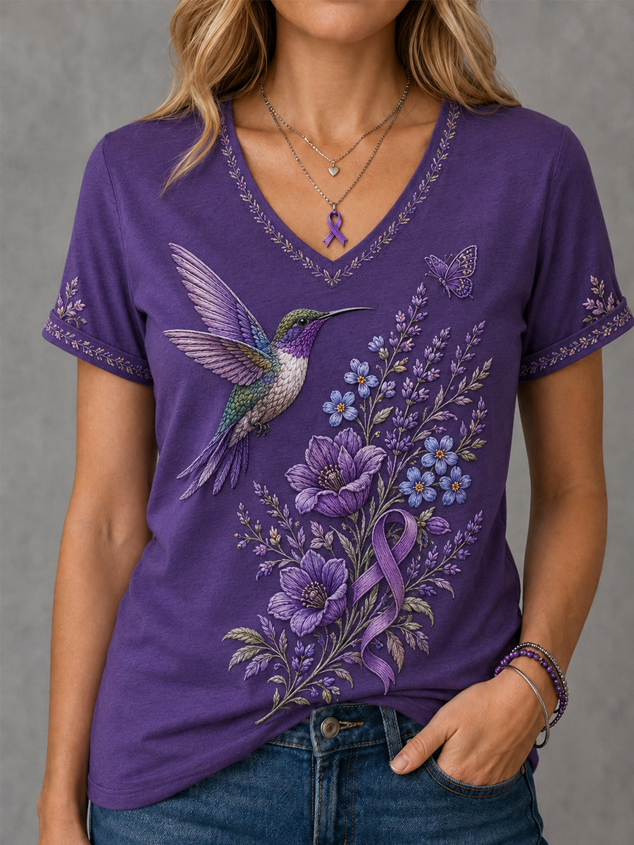 Women's Purple Floral & Hummingbird Print Alzheimer's Awareness Support V-Neck Tee gracestitchs