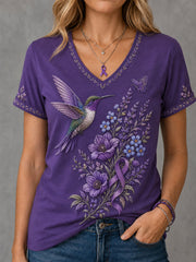 Women's Purple Floral & Hummingbird Print Alzheimer's Awareness Support V-Neck Tee gracestitchs