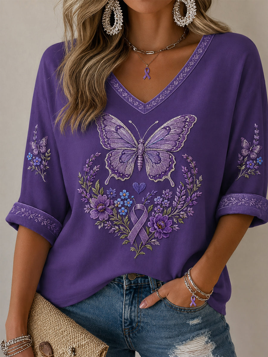 Women's Purple Floral & Butterfly Print Alzheimer's Awareness Support Half-Sleeves V-Neck T-Shirt gracestitchs