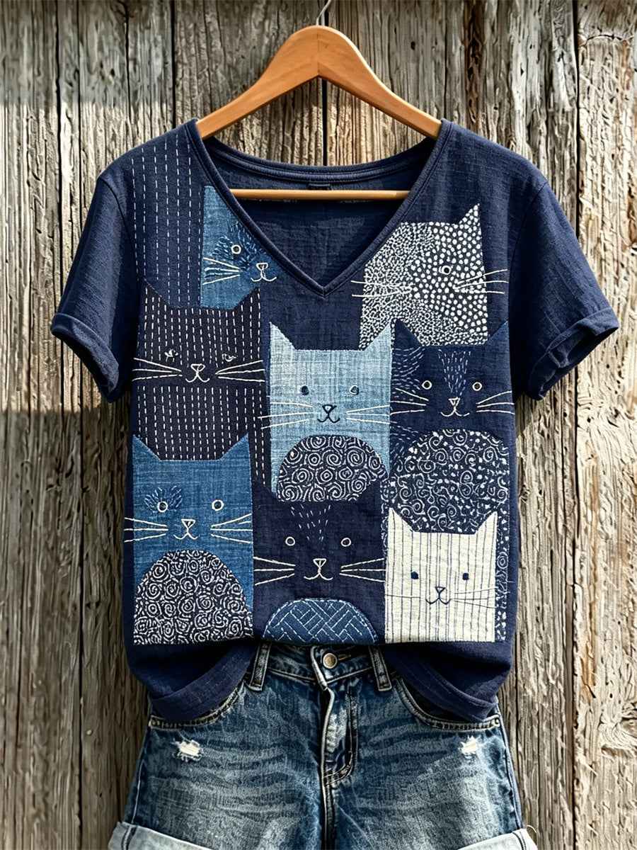 Women's Cats Patchwork Japanese Sashiko Art Print linen short-sleeved T-shirt