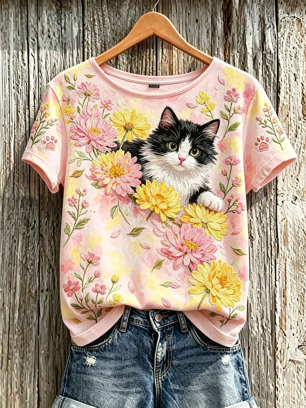 Women's cute cat and flower pattern printed casual short-sleeve T-shirt
