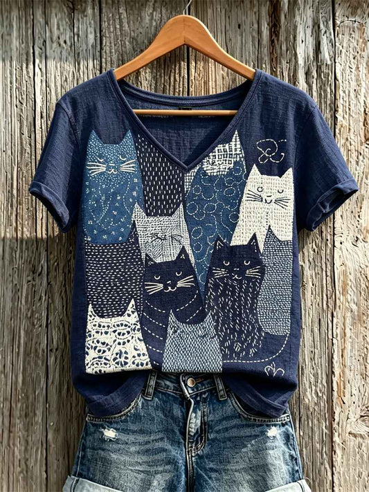Women's Cats Patchwork Japanese Sashiko Art Print linen short-sleeved T-shirt