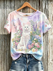 Women's cute cat and flower pattern printed casual short-sleeve T-shirt