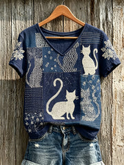 Women's Cats Japanese Sashiko Art Print linen short-sleeved T-shirt gracestitchs