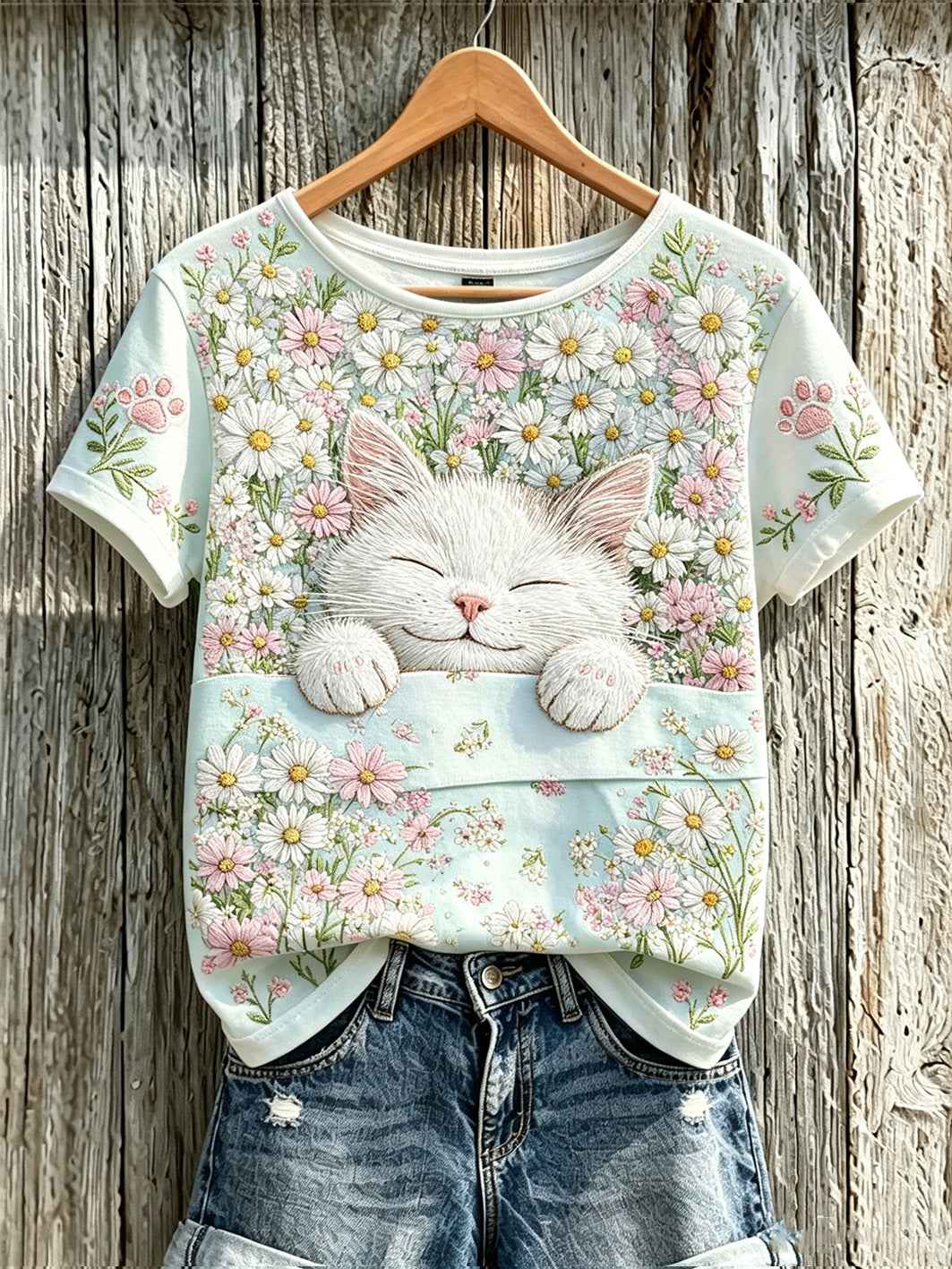 Women's cute cat and flower pattern printed casual short-sleeve T-shirt