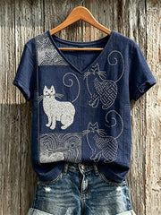 Women's Cats Japanese Sashiko Art Print linen short-sleeved T-shirt