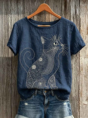 Women's Cat Japanese Sashiko Art Print linen short-sleeved T-shirt