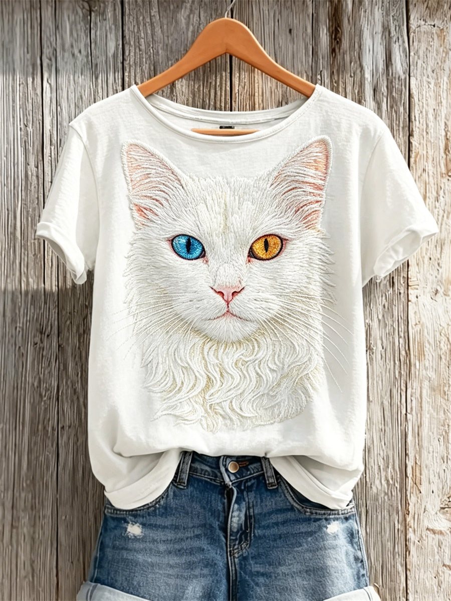 Women's Classy Heterochromia White Cat Print short-sleeved T-shirt gracestitchs