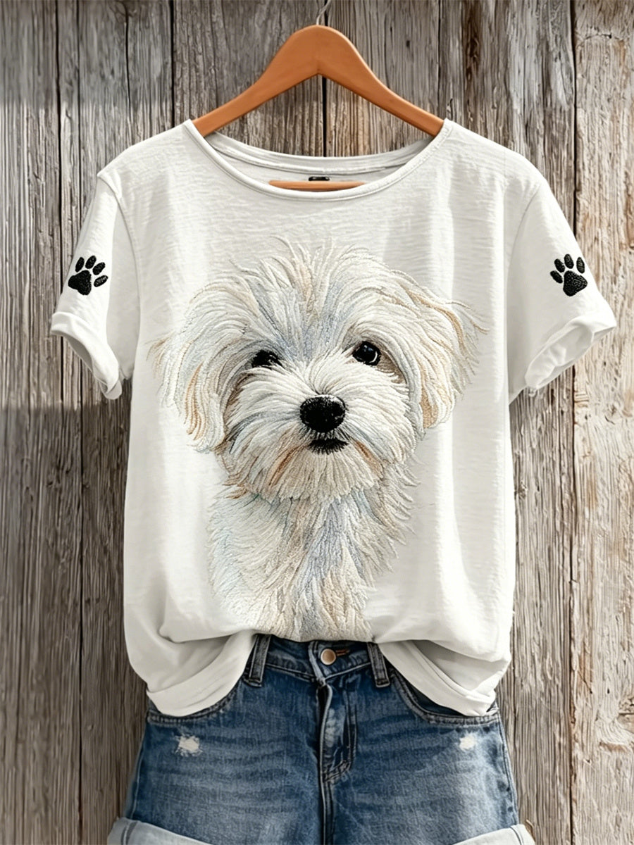 Women's Maltese Dog & Paw Prints Print short-sleeved T-shirt gracestitchs
