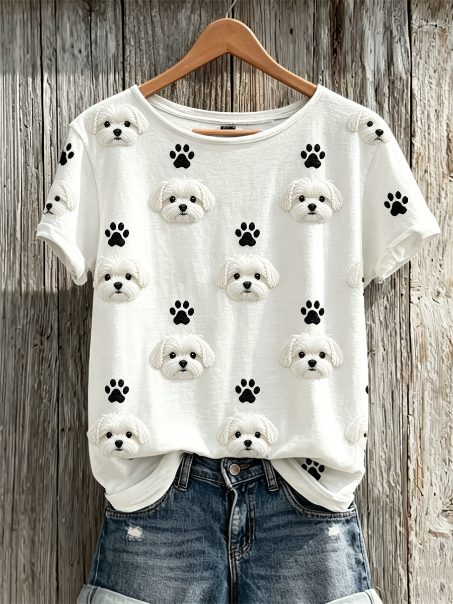 Women's Lovely Maltese Dogs & Paw Prints Pattern Print short-sleeved T-shirt gracestitchs