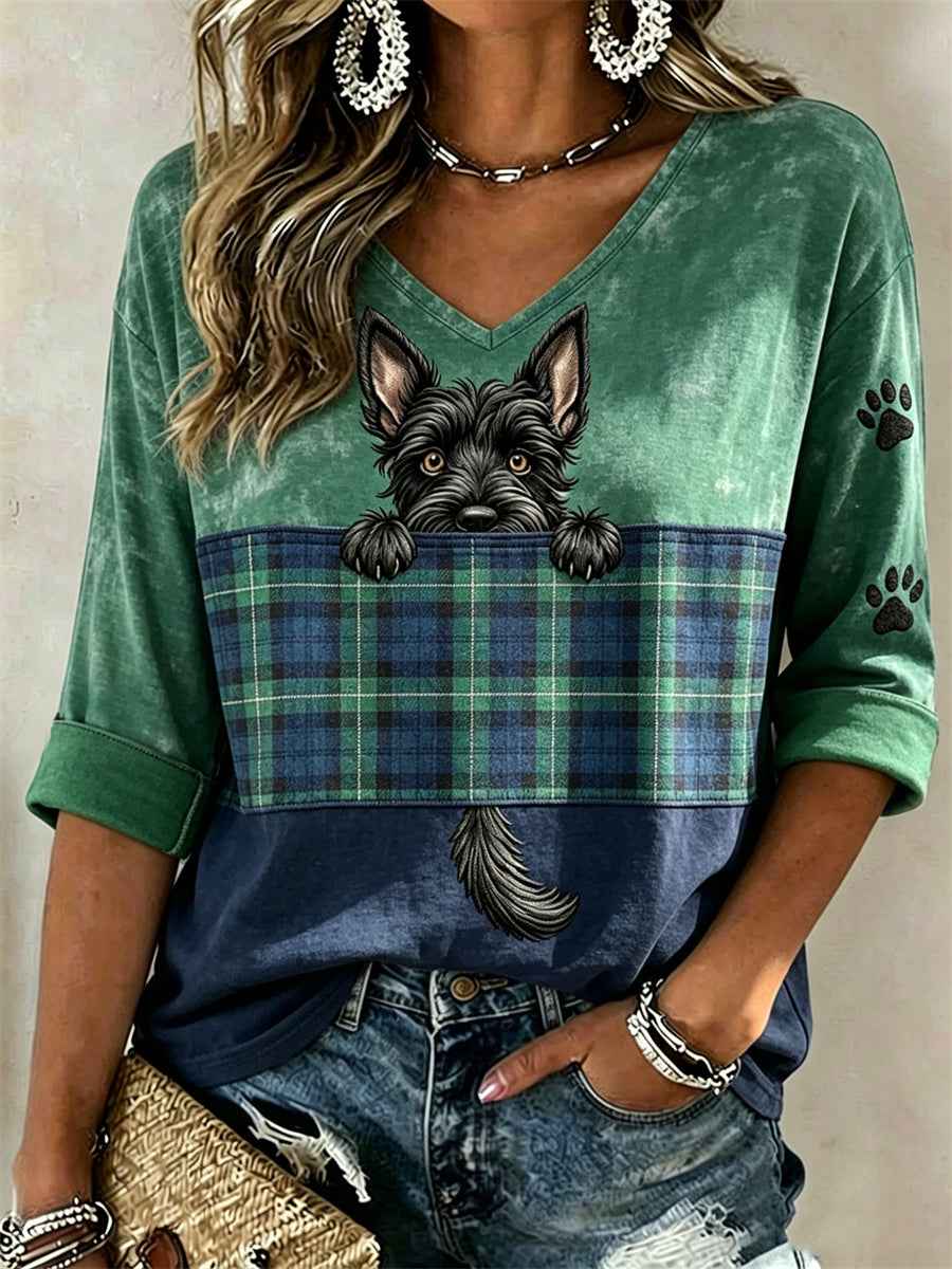 Women's Scottish Terrier Scotland Plaid Colorblock Print Mid-length Sleeves V-Neck T-Shirt