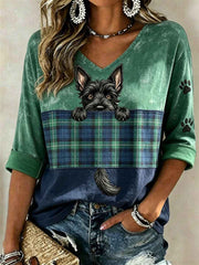 Women's Scottish Terrier Scotland Plaid Colorblock Print Mid-length Sleeves V-Neck T-Shirt