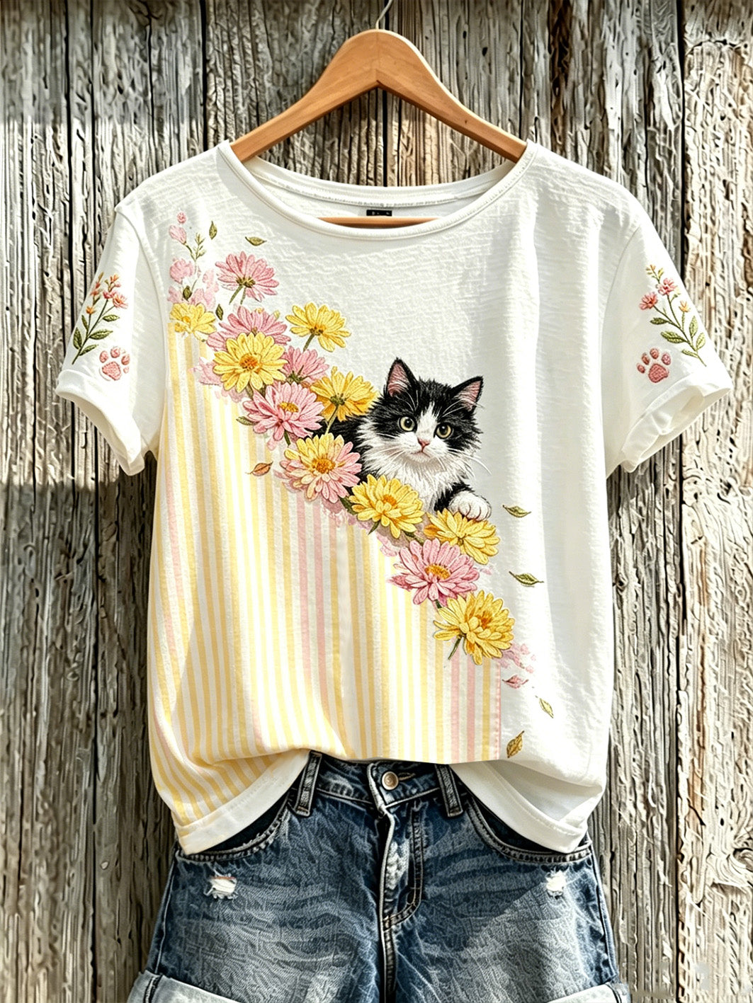 Women's cute cat and flower pattern printed casual short-sleeve T-shirt gracestitchs