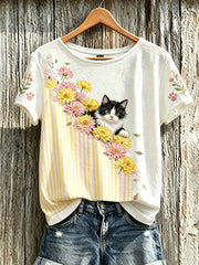 Women's cute cat and flower pattern printed casual short-sleeve T-shirt gracestitchs