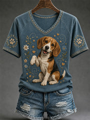Women's Retro Dog Print Casual V-Neck Tee gracestitchs